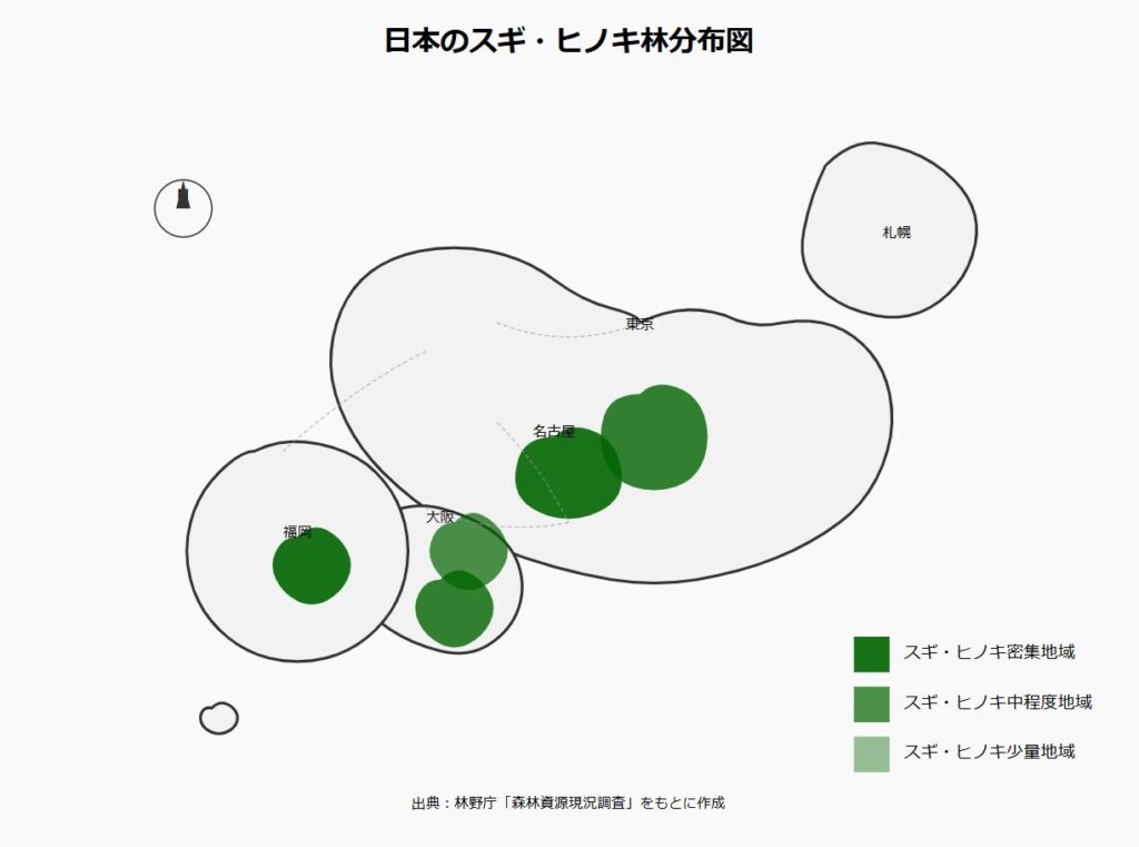 日本のスギ・ヒノキ林分布図